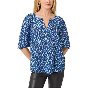 Lilly Pulitzer Elbow Length Sleeve Wilma Floral Blue Cotton Blend Top NWT XL